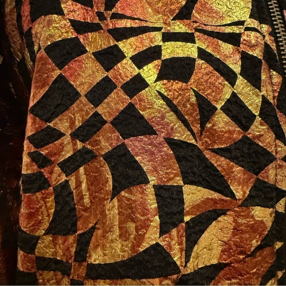 Vintage 80s Metallic womens Bomber Jacket Psychedelic Illusion Print Black Gold - Picture 6 of 11